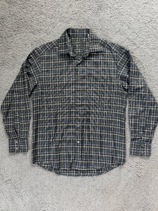 Ermenegildo Zegna Other - Ermenegildo Zegna Men L Charcoal Grey Plaid Windowpane 100% Cotton Shirt Luxury